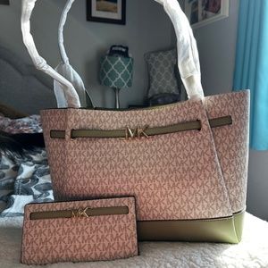 Michael Kors Reed Lt Sage Multi Large Belted Tote and Matching Wallet - NWT